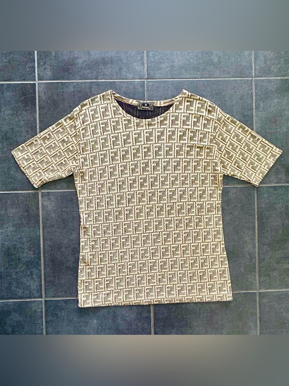 FENDI Zucca FF Monogram Beige and Grey Logo Print Top Medium (8-10 US)